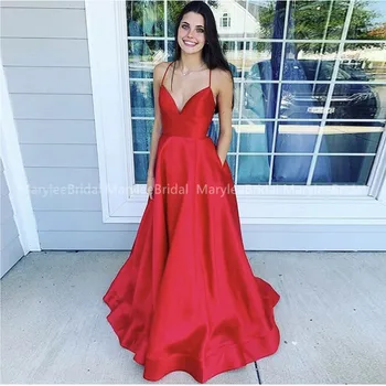 

Simple A-line Red Prom Dress With Pockets Spaghetti Straps Floor Length Party Dress For Women 2020 Cheapest Prom Gowns