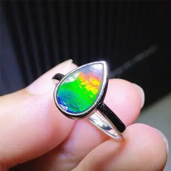 

Genuine Natural Colorful Ammonite Ammolite 4 Colors Gemstone Adjustable Ring 16x7mm 925 Sterling Silver Water Drop Ring AAAAAA