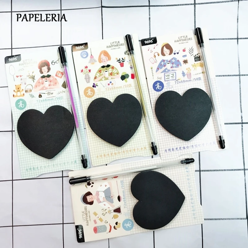 Черные Липкие заметки с флуоресцентной ручкой набор Kawaii Канцелярские милый
