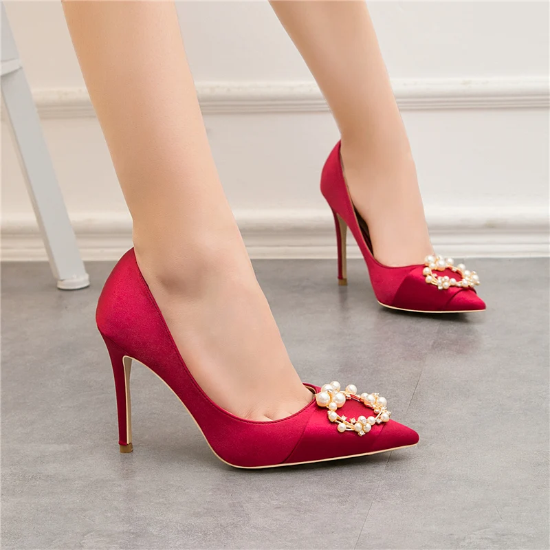 Женские туфли на высоком каблуке 10 см, с кристаллами, атласное туфли-лодочки, женские шелковые, красные, светло-золотистые свадебные туфли на День святого Валентина, бордовые Туфли-Фетиш