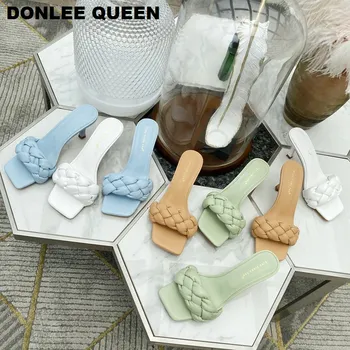 

2020 Fashion Brand Weave Slippers Women Thin High Heels Sandals Open Toe Slip On Summer Shoes Women Slipper Outdoor Slides Mujer