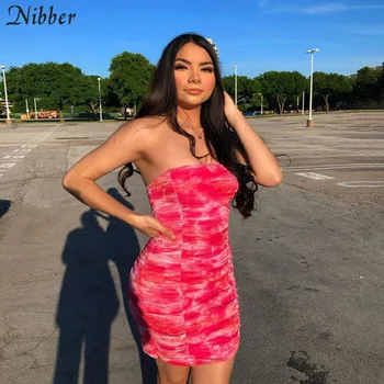 

Nibber strapless bodycon pleated Tie-dye dress for woman summer mujer casual slim streetwear sexy party night mini dress woman