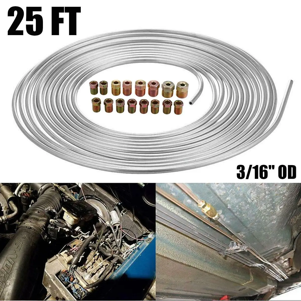 

25 Ft. Roll Coil of 3/16" OD Copper Nickel Brake Line Fittings Silver Anti-rust Corrosion Resistant Tubing Kit Universal