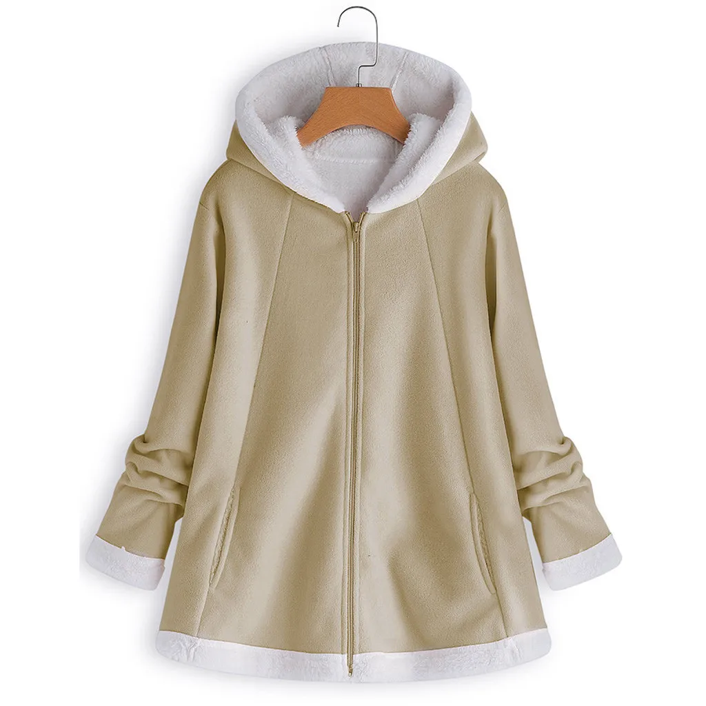 Женская Осенняя куртка, зимняя теплая однотонная плюшевая толстовка с капюшоном, модная куртка с карманами на молнии, длинная одежда с рукавами, манто для женщин размера плюс