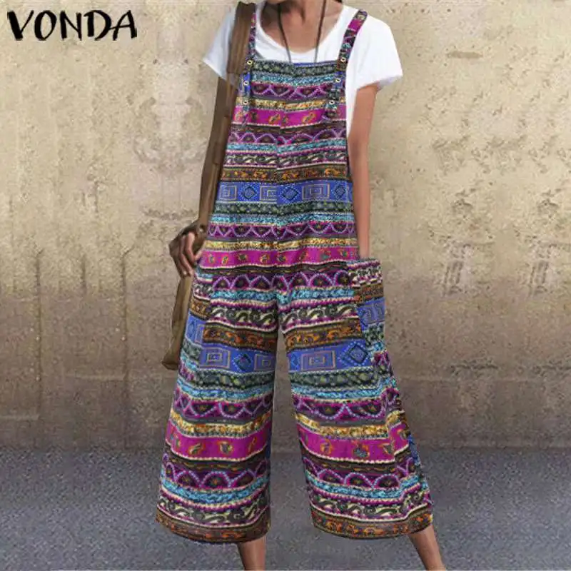 

Vintage Overall VONDA Romper Women Jumpsuit 2019 Summer Calf-Length Wide Leg Pants Plus Size Casual Pockets Playsuits Print 5XL