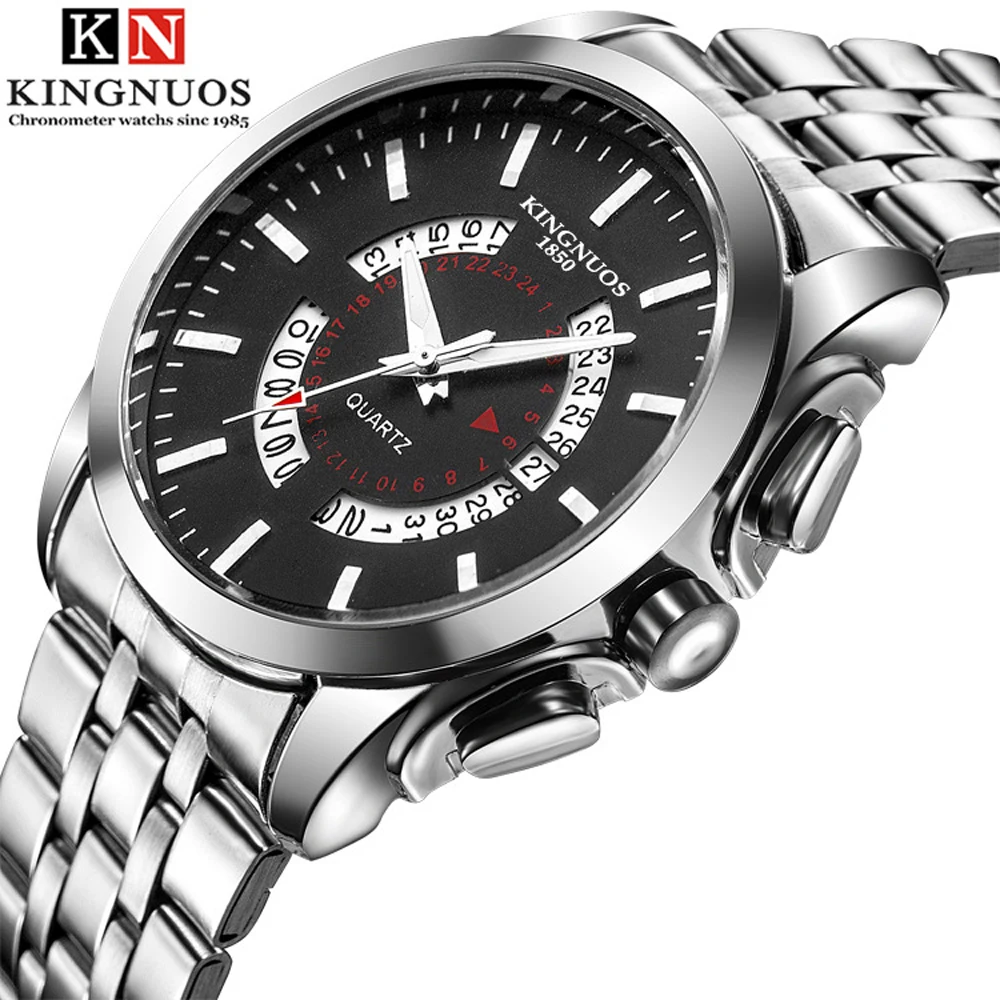 

KINGNUOS Relogio MasculinoBrand Men's watch Stainless Steel Waterproof Quartz Watches Business Leather Calendar Wristwatch