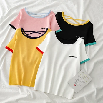 

HELIAR Backless Tees Women O-Neck Tees Solid Slim O-Neck Solid Knitted Solid Short Sleeve Tops 2020 Summer Casual Tee Womem