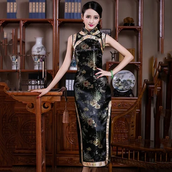 

Satin Sleeveless Black Female Evening Party Dress Mandarin Collar Novelty Tight Cheongsam Long High Split Qipao Vestidso