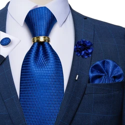 Luxury Blue Glitter Solid Silk Ties For Men Business Wedding Neck Tie Set With Tie Ring Brooch Pin Men's Cufflinks Pocket Square
