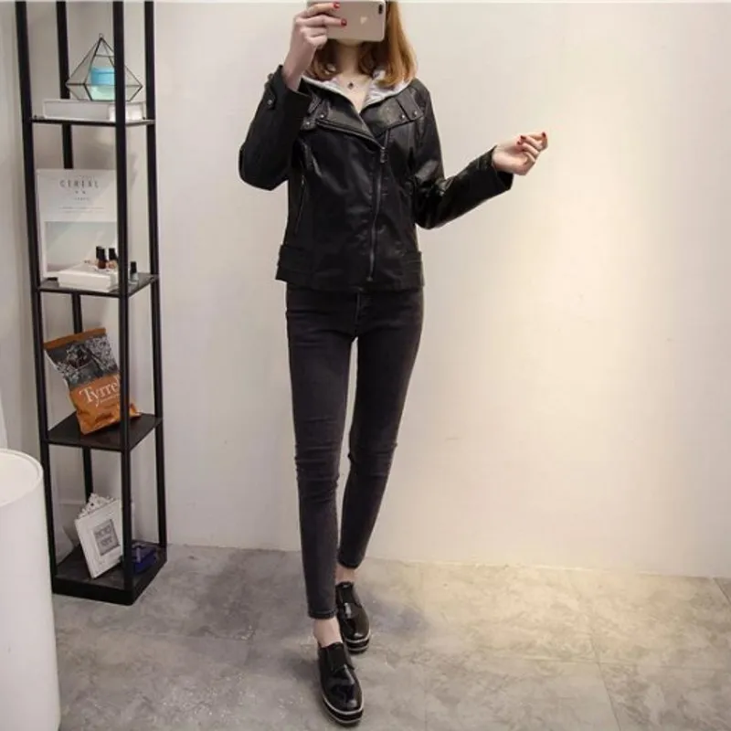

Motorcycle Slim Fit Womens PU Leather Hooded Jackets Fashion Long Sleeve Zipper Hat Detachable Female Coats Plus Size XL-5XL