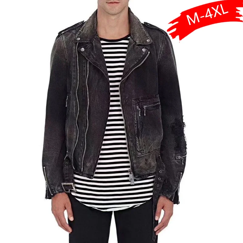 

New Fashion Biker Denim Jackets Men Black Hole Zippers Denim Coat Jackets Casual Men Clothing Casaco Masculino