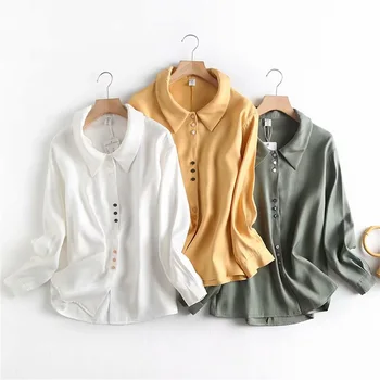 

2020 spring and summer new women's lapel lapel long-sleeved satin texture fashion color three buttons loose loose casual shirt