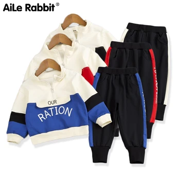 

219 Autumn New Children's Hooded Sweater Set Boy's Suit Cotton Alphabet Casual Sports Suit Infant Baby Apparel Blue Red Black