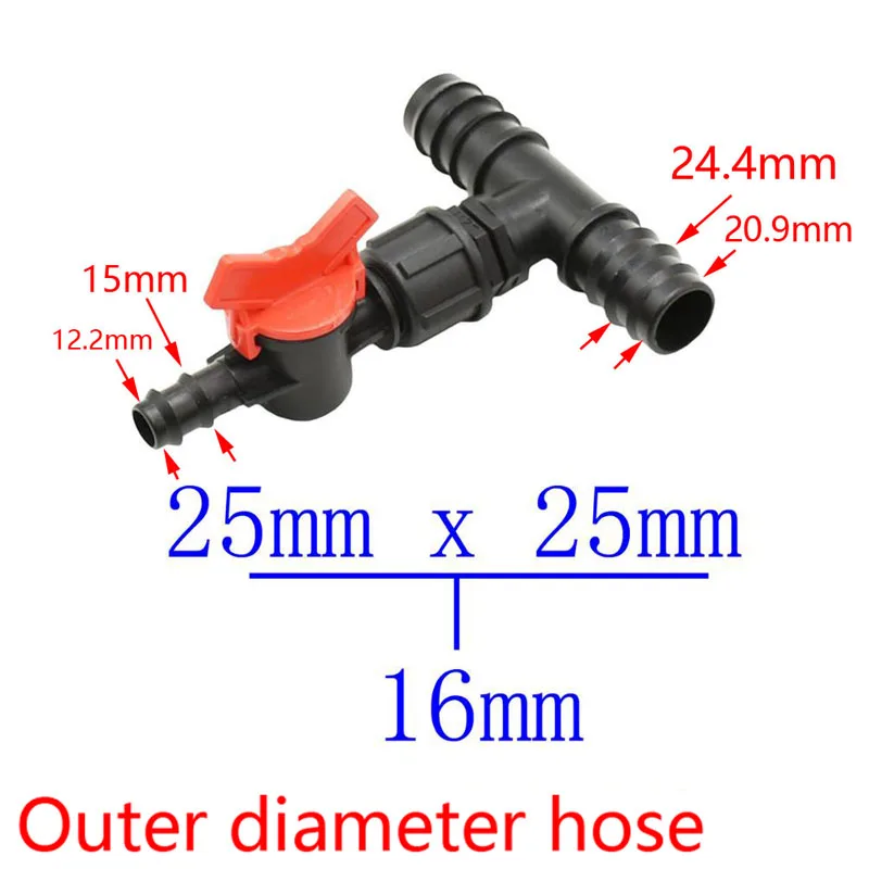 Garden irrigation tee 25mm 20mm to 16mm Tee connector reducer water splitter With tap 1/2 3/4 wate connector 1pcs