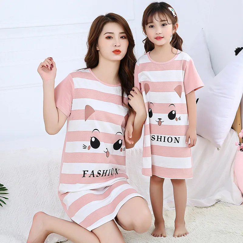 Mother Daughter Dresses Summer Cotton Matching Pajamas Short-sleeves Girls Sleepwear | 21 Models