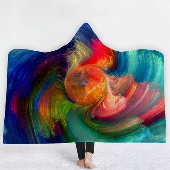 

Colorful Geometric Print Modern Hooded Blanket Coral Fleece Fabric Comfortable Blankets Portable Travel Outdoor Warm Throw
