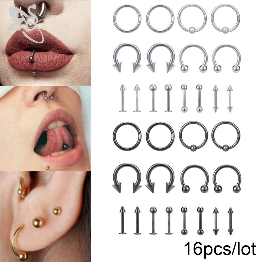 ZS 16pcs/lot 316L Stainless Steel Nose Ring Set 5 Colors Lip Labret