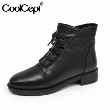 

Coolcept Real Leather Women Ankle Boots Cross Strap Zipper Winter Shoes Woman Warm Office Lady Daily Fashion Footwear Size 34-41