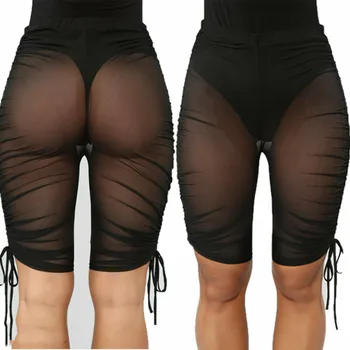 

2019 Sexy Women Mesh Solid Bow Cover Up Shorts Sheer Perspective Shorts Summer Beach Party