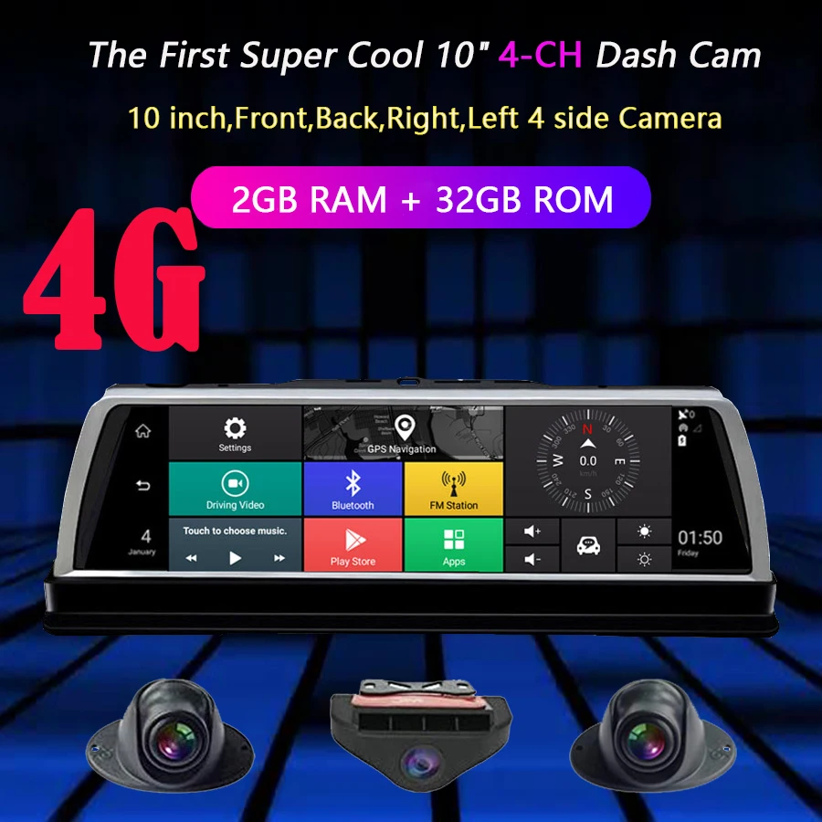 WHEXUNE 4G Android автомобильный dvr видеорегистратор 4 объектива 10 дюймов навигация ADAS gps WiFi Full HD 1080P видео рекордер 2 ГБ+ 32 ГБ камера для автомобиля