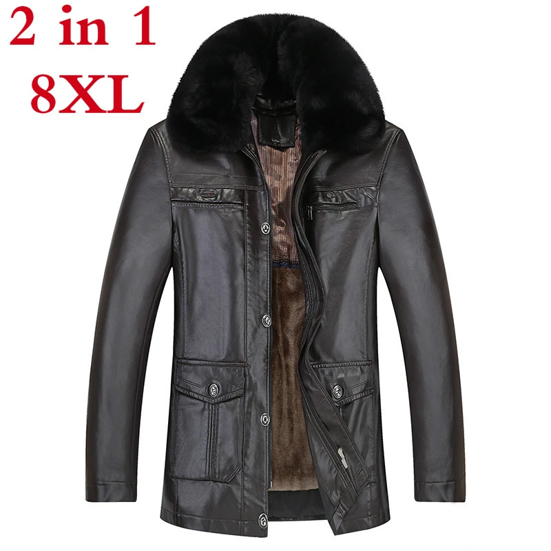 Большие размеры 8XL 7XL, осенне-зимняя мужская кожаная куртка, воротник из искусственного меха, плюс бархатная Толстая теплая кожаная куртка для мужчин, мужские куртки - Цвет: 1