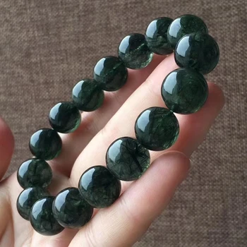 

13.4mm From Brazil Natural Green Rutilated Quartz Gemstone Bracelet Women Men Stretch Clear Round Beads Wealthy Bracelet AAAAA