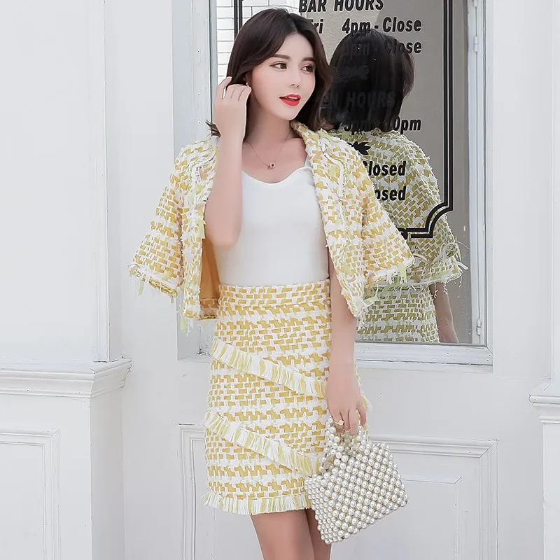 

2019 New Runway brand Wool Tweed 2 Piece Set Women Elegant Yellow Notched Collar Striped Short Jacket Coat+Pencil Skirt Suit