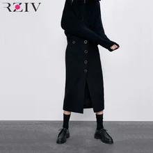 RZIV осенняя и зимняя женская юбка Повседневная однотонная декоративная юбка на пуговицах