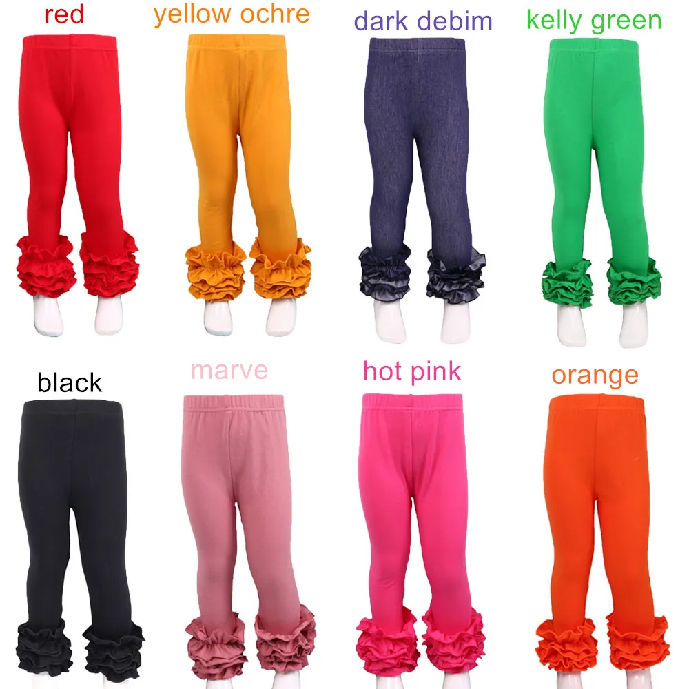 Фабричные разноцветные недорогие однотонные штаны из хлопка с оборками для маленьких девочек
