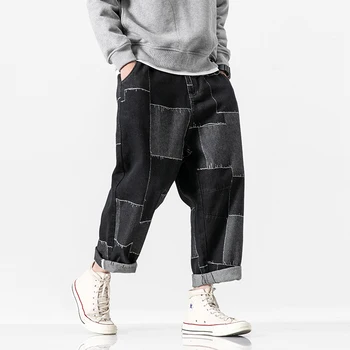 

Men Patch Design Loose Casual Denim Ankle Length wide leg Harem Pant Male Japan Streetwear Hip Hop Jeans Trousers