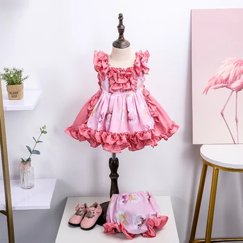 

4PCS Baby Summer Spain Vintage Pink Big Honey Peach Cotton Ball Gown Princess Dress for Girl Birthday Easter Wedding Party