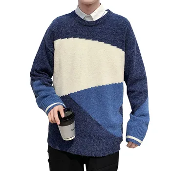 

Mens Sweaters Autumn Winter Casual Pullover O-neck Long Sleeve Color matching leisure Young handsome Knitted Sweater Tops
