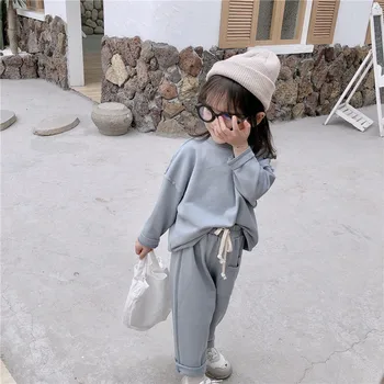 

DFXD Kids Girls Clothes Set 2020 Spring Casual 2PC Cotton Outfits Children Tracksuit Solid Round Collar Tops+Pants Sport Suits