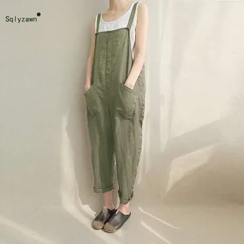 

2019 Women Maxi Fashion Linen Button Jumpsuits Retro Solid Color Pocket Loose Bandage Overall Sleeveless Romper Plus Size 5XL