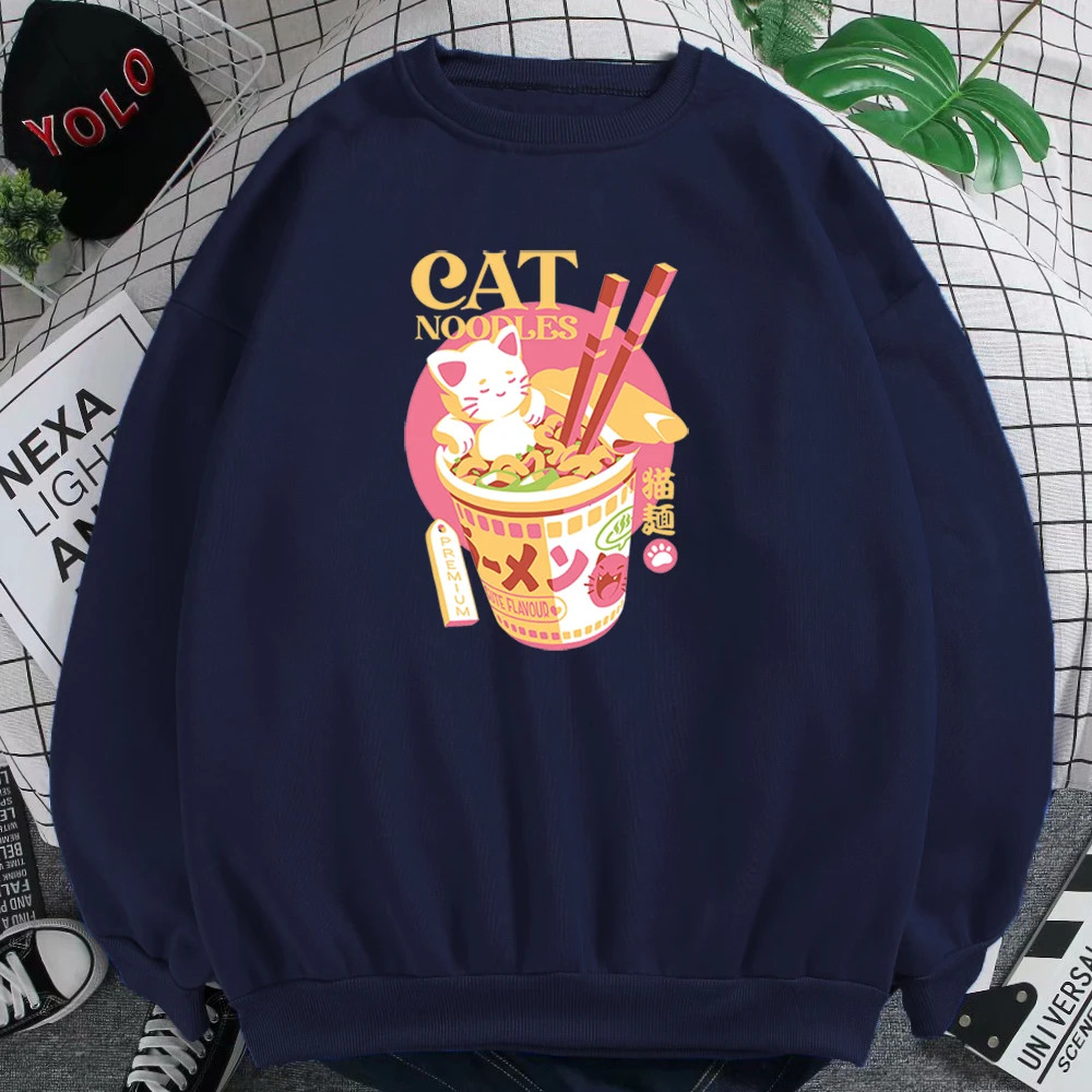 

Cat Instant Noodle Pattern Print O-Neck Sweatshirt Woman Oversized Fashion Couple Pullovers Warm Aesthetics Women'S Hoodies