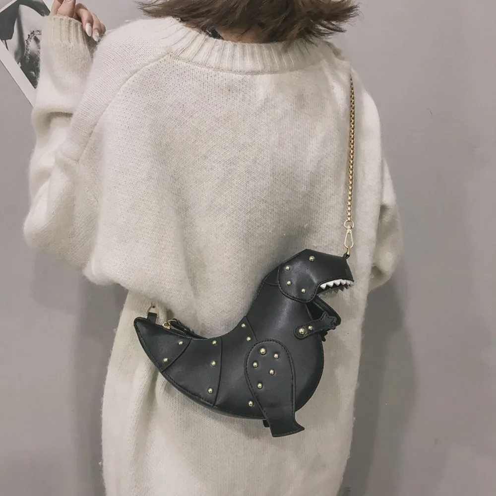Женская креативная сумка на плечо в форме динозавра с заклепками и цепочкой, сумочка, сумка на плечо, Дизайнерская кожаная мини-сумка-мессенджер с динозавром