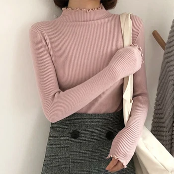 

Fashion 2019 Fall Winter Slim Fit Sweater Warm Women Turtleneck Ruched Women Knitwear High Elastic Solid Sexy Knitted Pullovers