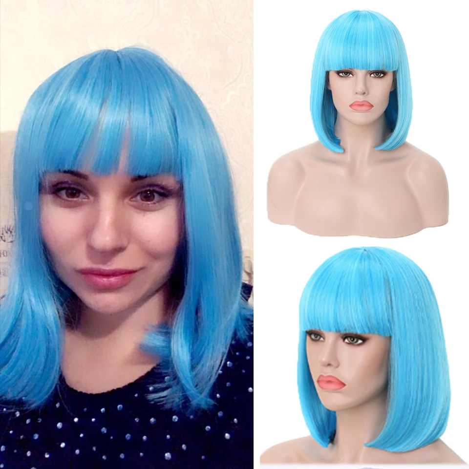 

FREEWOMAN Blue Short Bob Wig With Bangs Hair Extension Straight Synthetic Wig Lolita Wigs For Woman Styled Red Pink Blond Purple