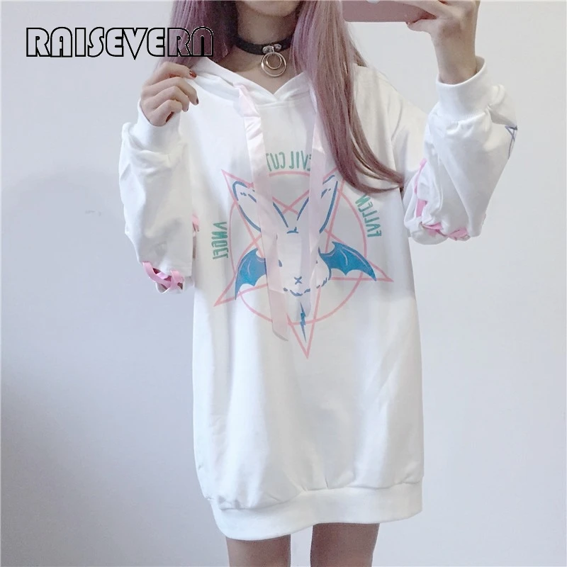 Harajuku/Женские флисовые толстовки с принтом в виде кроликов и Пентаклей на шнуровке в готическом стиле панк; бархатный свитер с капюшоном; пуловер; уличная одежда