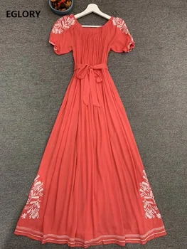 

High Quality Red Long Dress 2020 Summer Fashion Designer Women Sexy Slash Neck White Flower Patterns Short Sleeve Maxi Dress