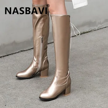 

winter woman shoes knee high boots square heel PU gold silver round toe Zip lace-up fashion 2019 comfortable warm shoes woman