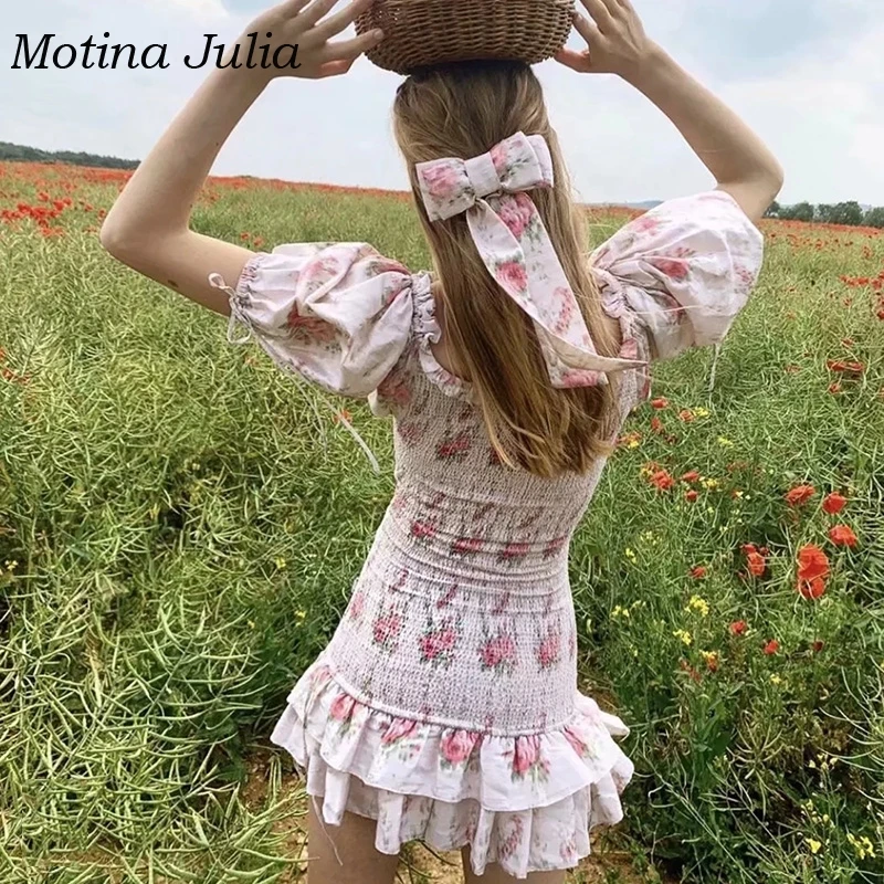 Motina Julia модное платье с рюшами и принтом женское мини-платье в стиле бохо пляжное платье с квадратным вырезом
