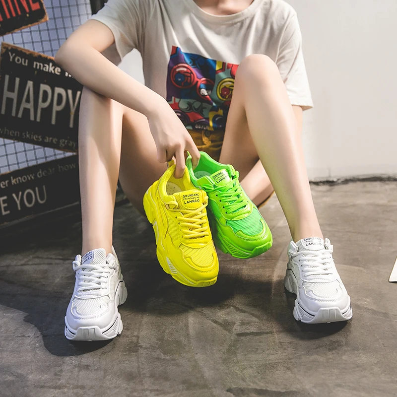 WDHKUN/женские кроссовки; неоновая желтая обувь; женская обувь для папы; белые кроссовки; модные неоновые зеленые кроссовки; кроссовки на платформе