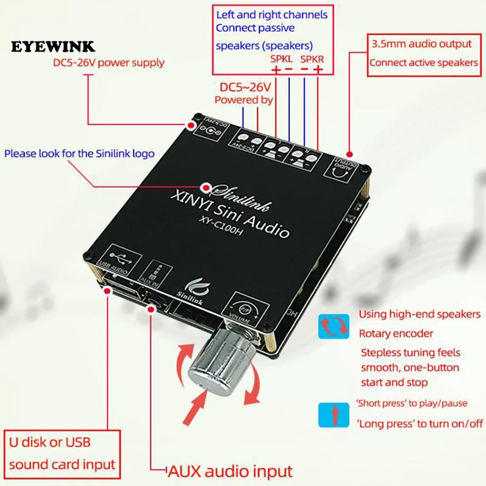 XY-C100H TPA3116 Bluetooth 5 0 Плата усилителя звука 100 Вт * 2 HiFi стерео усилитель сабвуфера