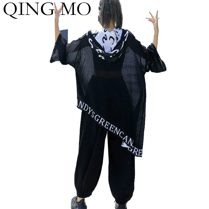 Женский трикотажный комплект с капюшоном черно-зеленый Асимметричный топ и