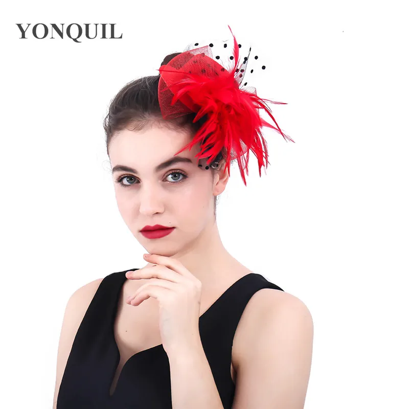 Multiple color children party race top hat ladies derby mesh fedora cap women elegant fascinator with fearher hair clip pins