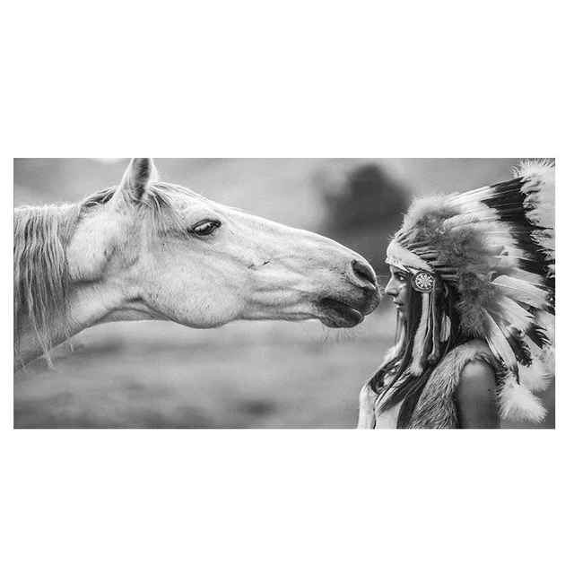 

Black White Minimalist Indian Girl and Horse Decorative Painting Poster Wall Art Canvas Printings Wall Pictures for Living Room