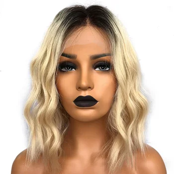 

Golden Blonde Ombre Lace Front Wig Bob Natural Wave Wavy 13x6 Malaysian Remy Human Hair Wigs Wob Free Part Two Tone #1B/613