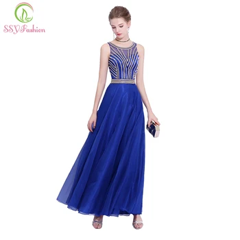 

Clearance Luxury Evening Dress Blue Sequined Beading Floor-length Chiffon Sleeveless Prom Party Gown Long Formal Dresses