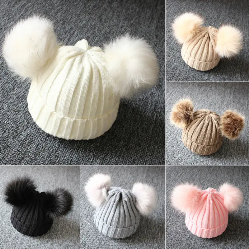

children's winter toddler baby kids faux fur hat cap beanie with 2 two double pom poms pompom ears funny hat for boys and girls